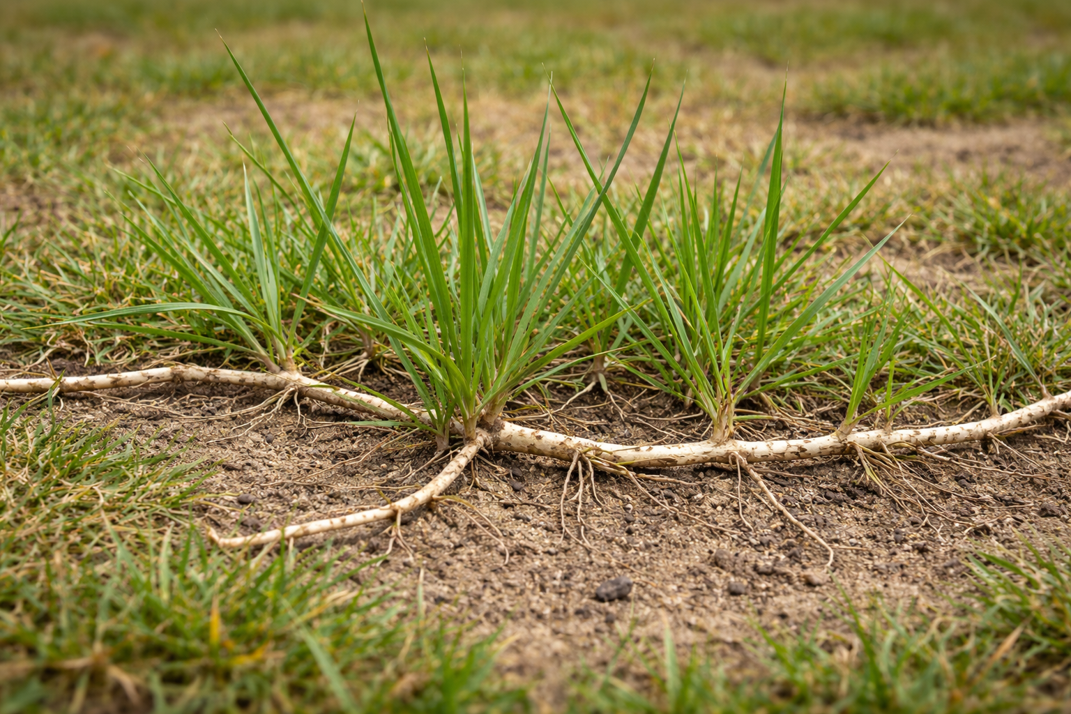 Clumps of green grass connected by a white root, growing in brown soil among other grass.