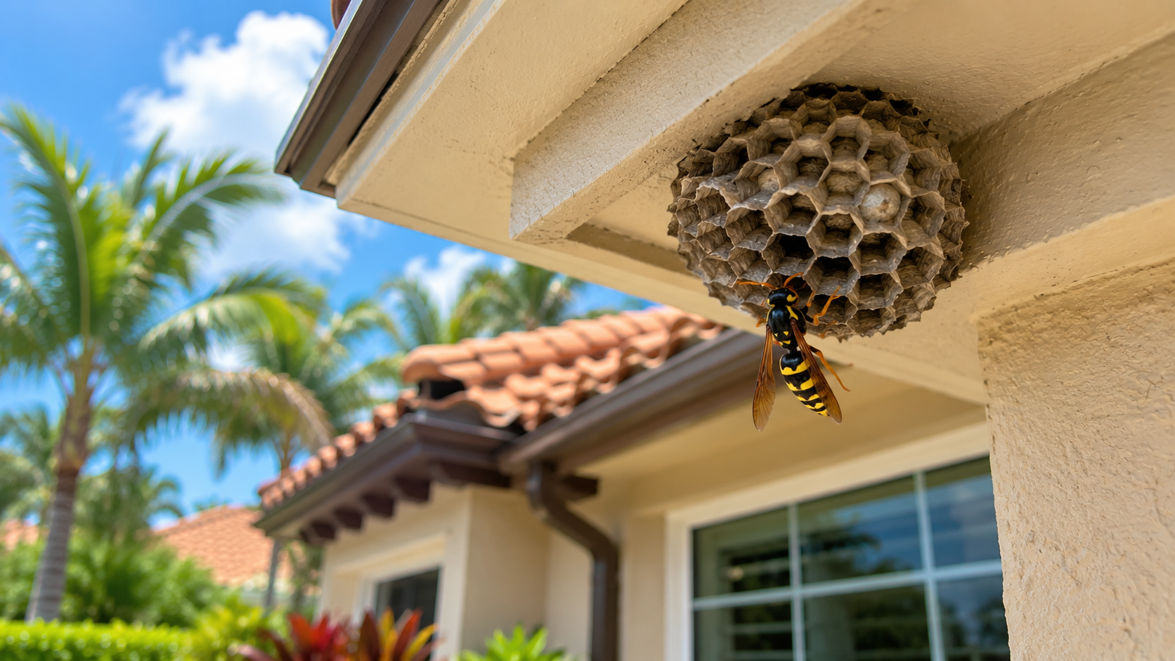 Paper wasp nest attached beneath the soffit of a South Florida home with an adult wasp entering the