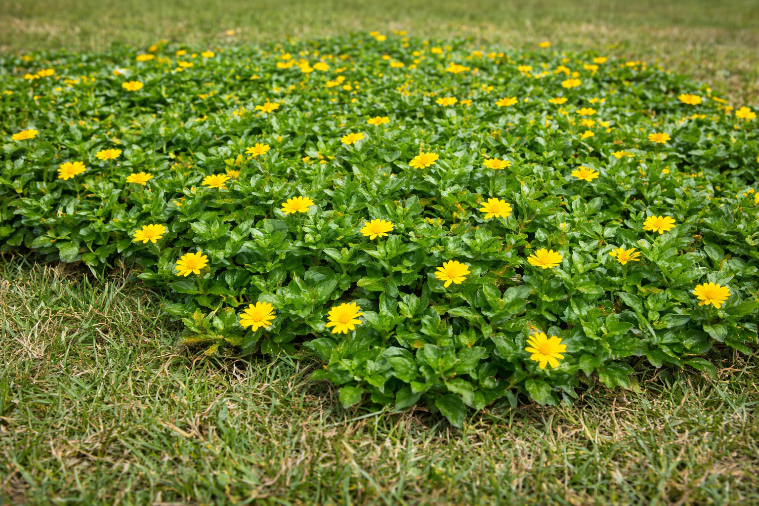 Green ground cover with small yellow flowers in a grassy area.