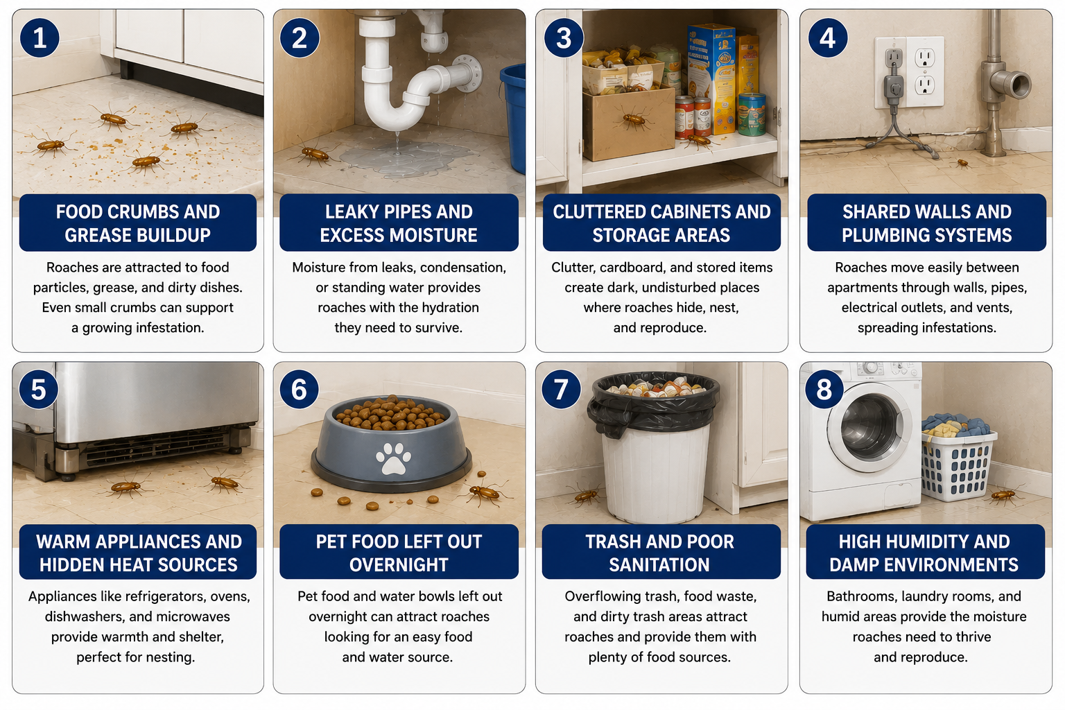 Illustration showing common things that attract German roaches in apartment buildings, including food crumbs, moisture, clutter, and shared walls.