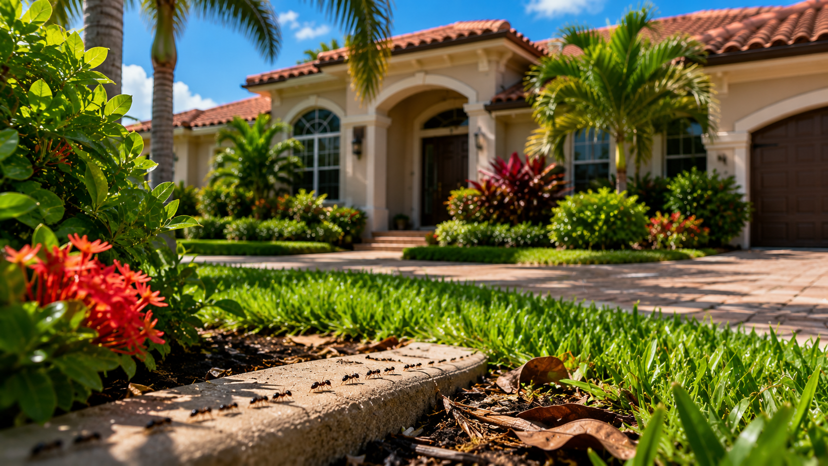 South Florida home with landscaping and outdoor conditions that attract summer pest activity