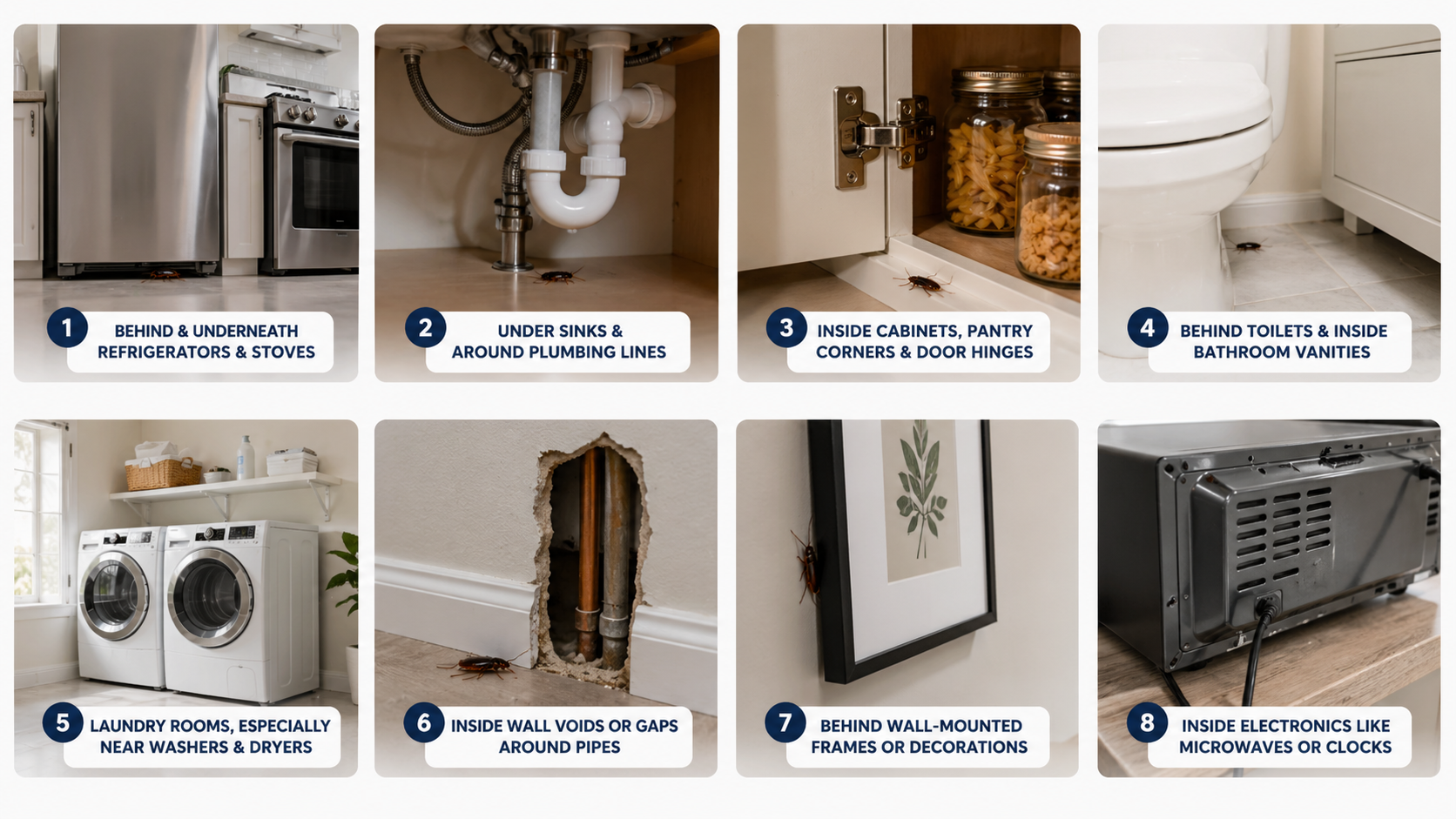 Common places cockroaches hide in a South Florida home including under appliances, sinks, cabinets, and wall gaps