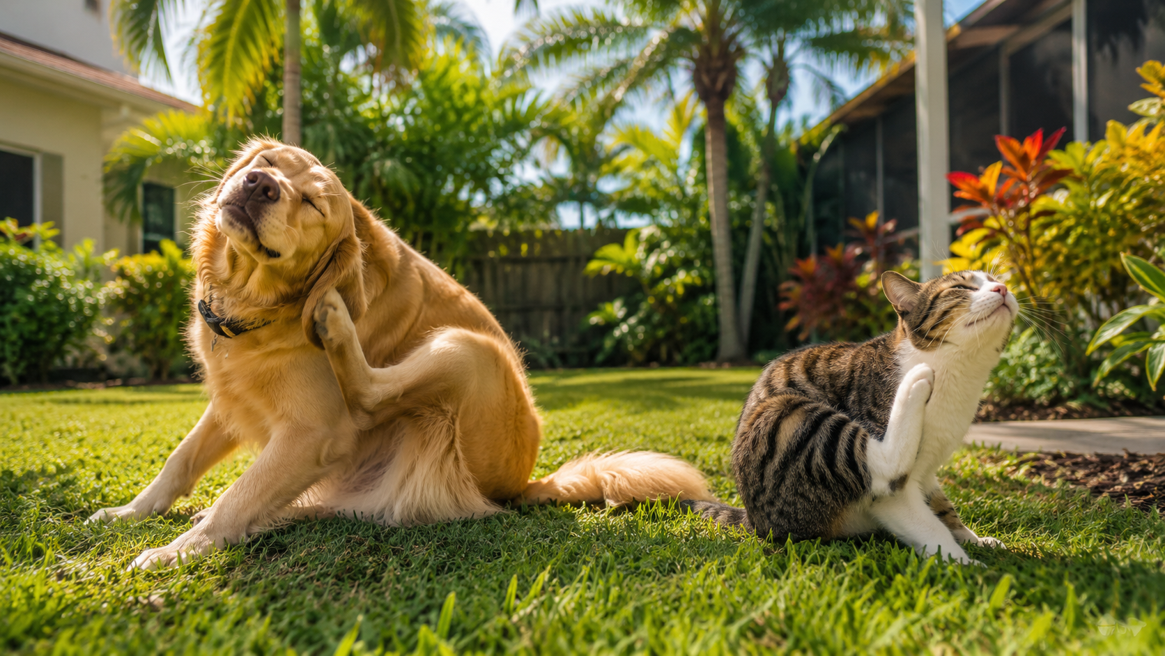 Dog and cat scratching in a South Florida backyard with fleas