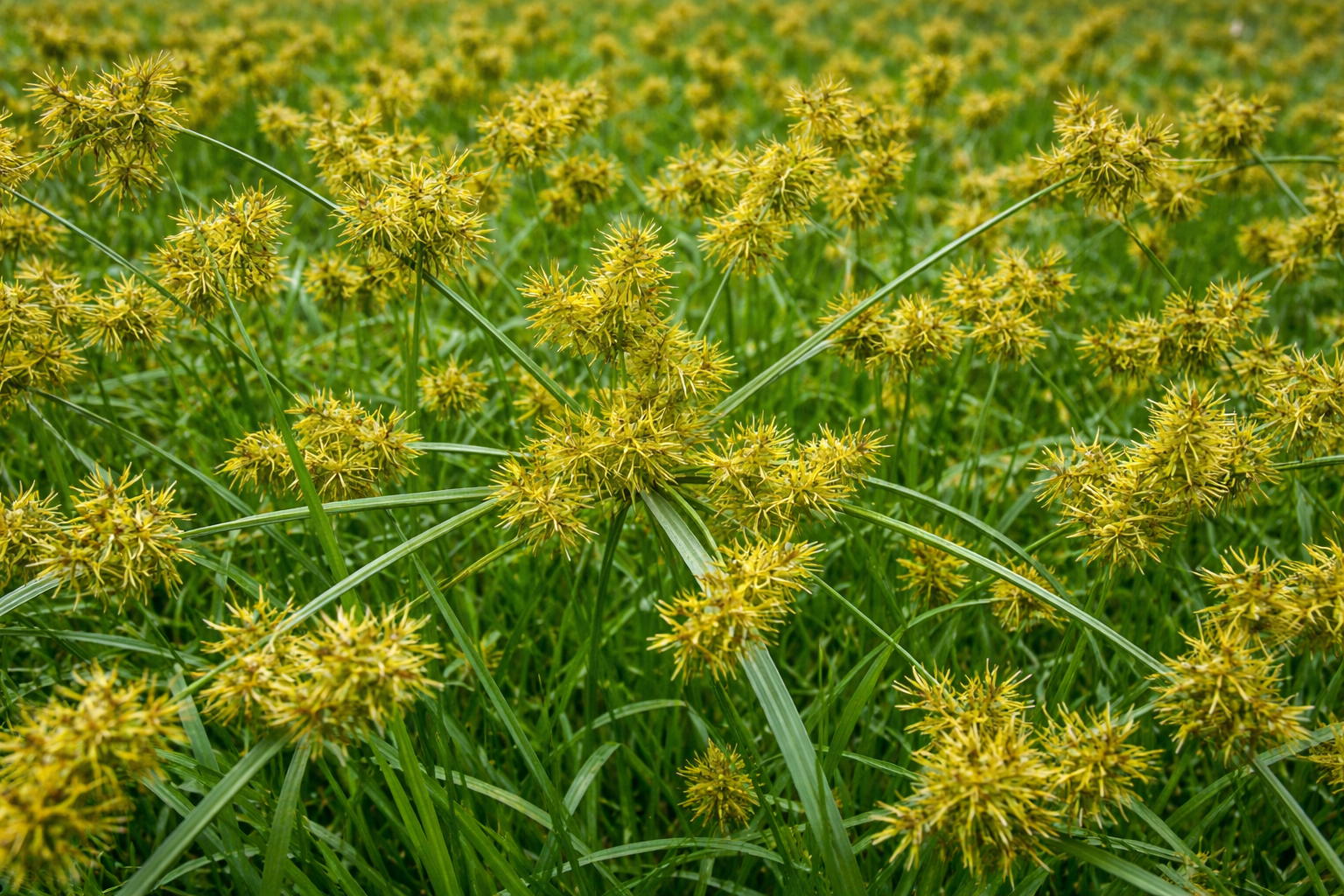 Field of green grass with many yellow flower clusters.