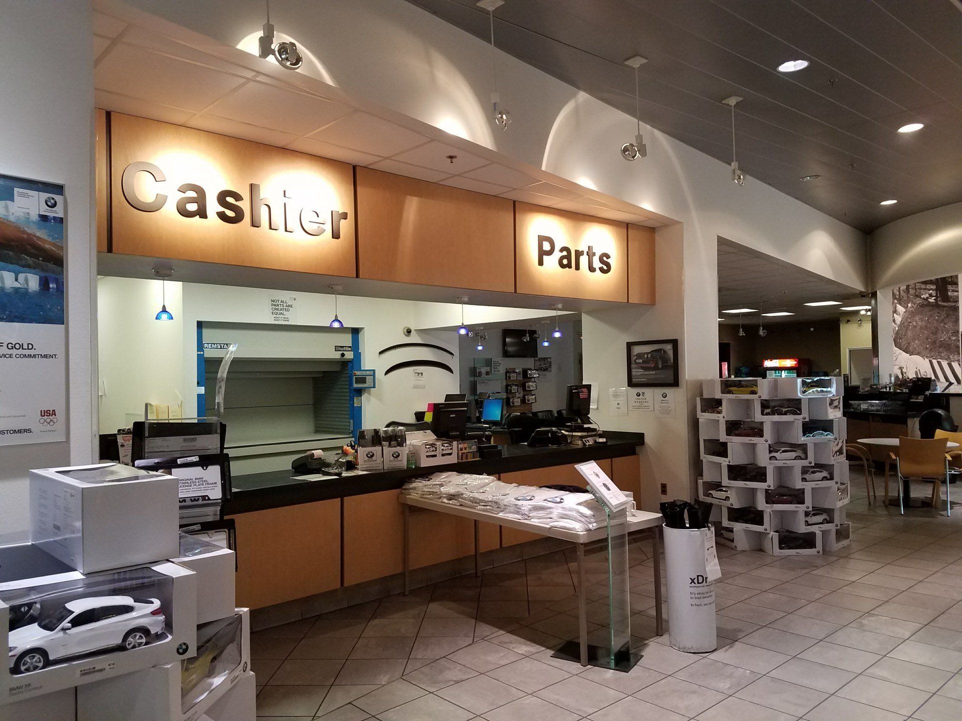 A cashier and parts counter in a store