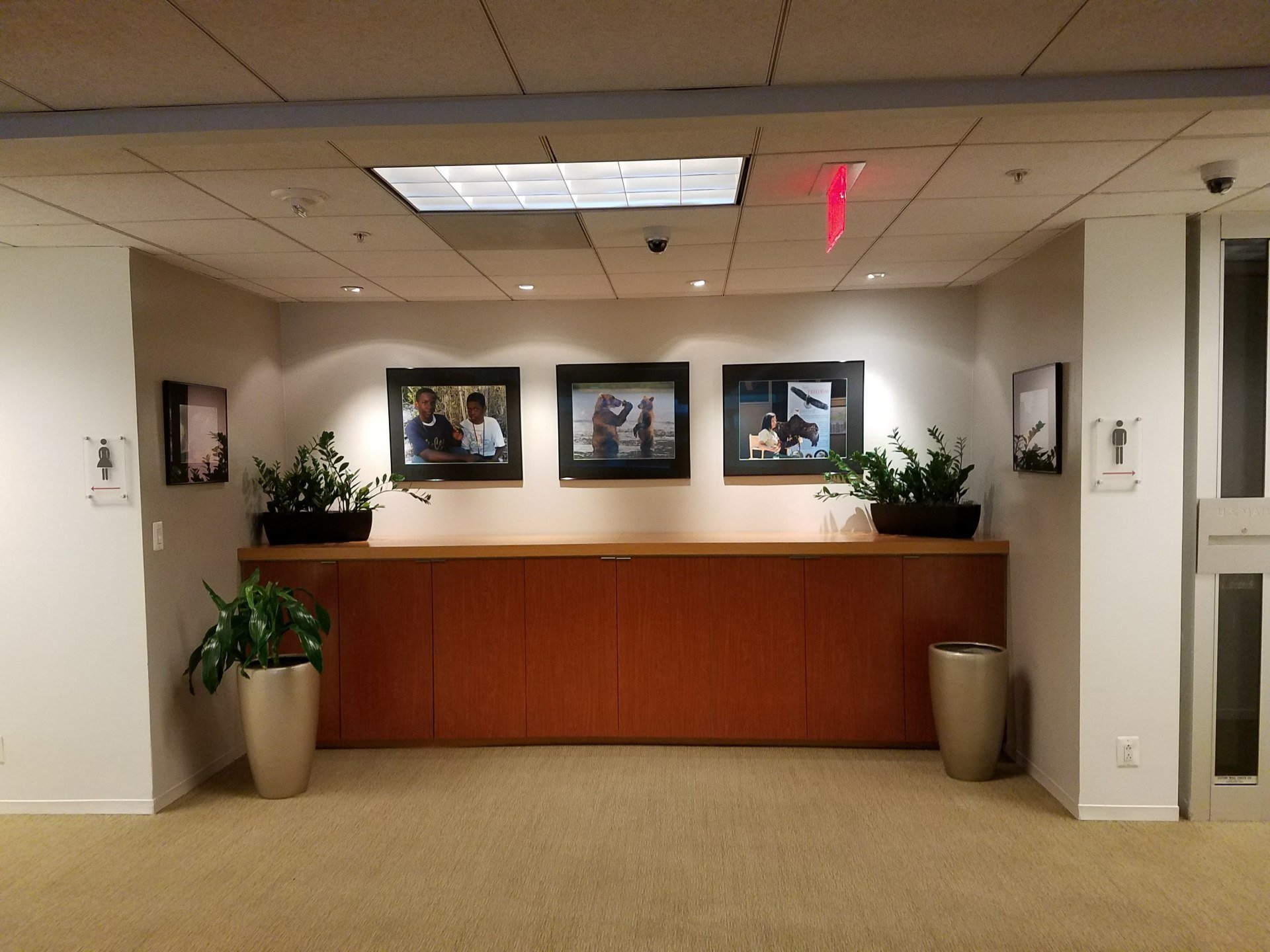 A hallway with pictures on the wall and a red exit sign