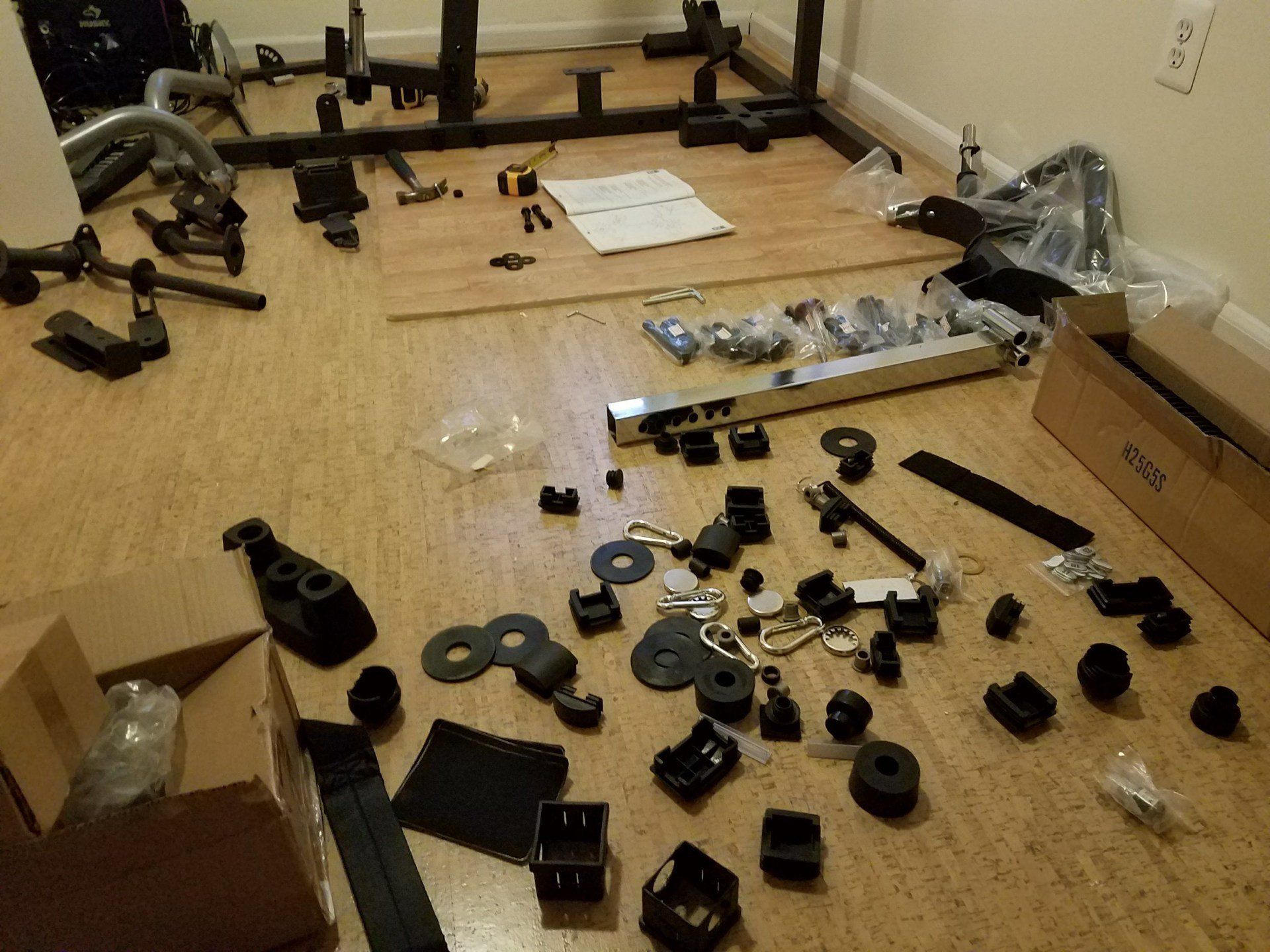 A bunch of pieces of equipment are scattered on the floor