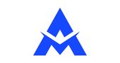 A blue triangle with a blue m on a white background.