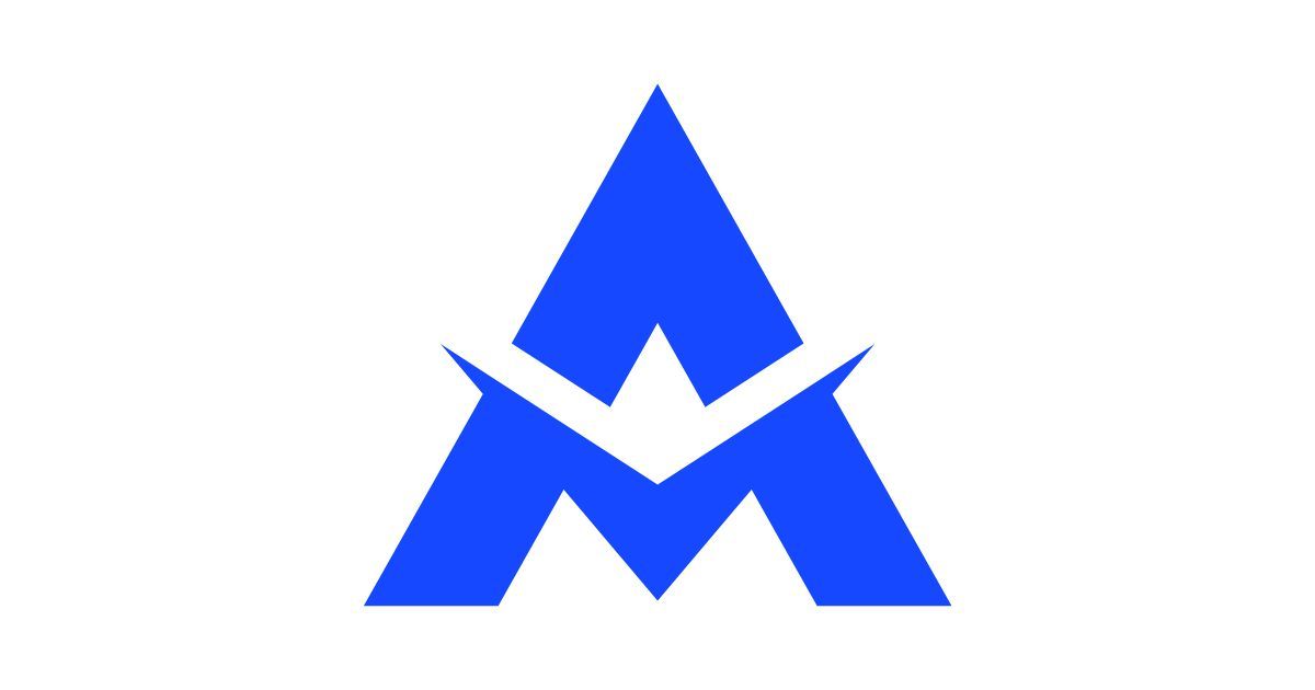 A blue triangle with a blue m on a white background.
