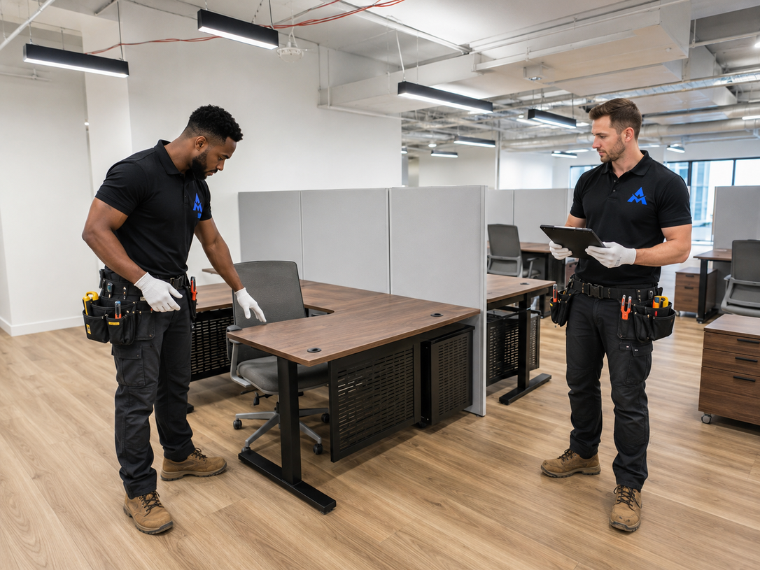 Two technicians in black uniforms assembling a workbench in a bright workshop
