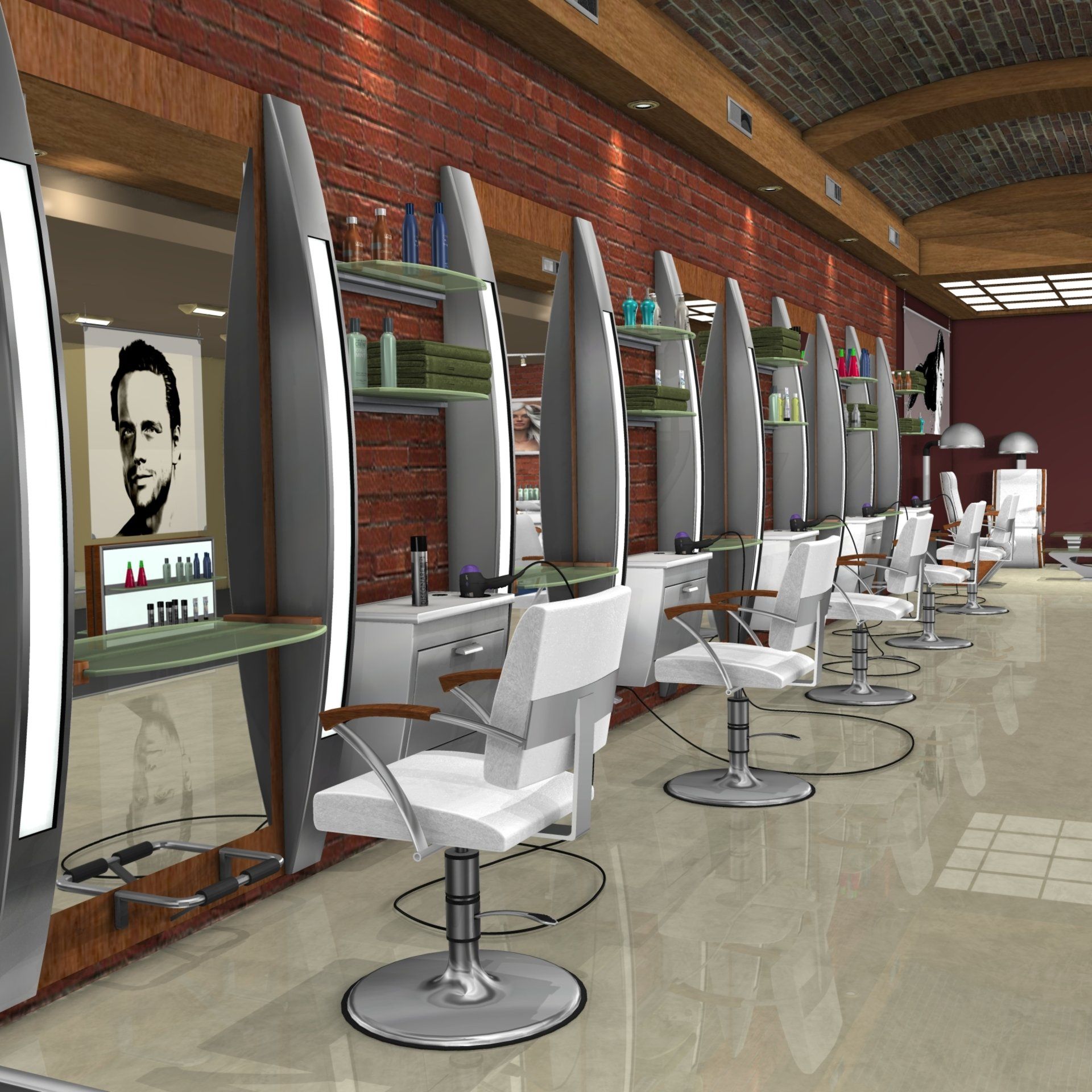 A row of chairs in a hair salon with a picture of a man on the wall