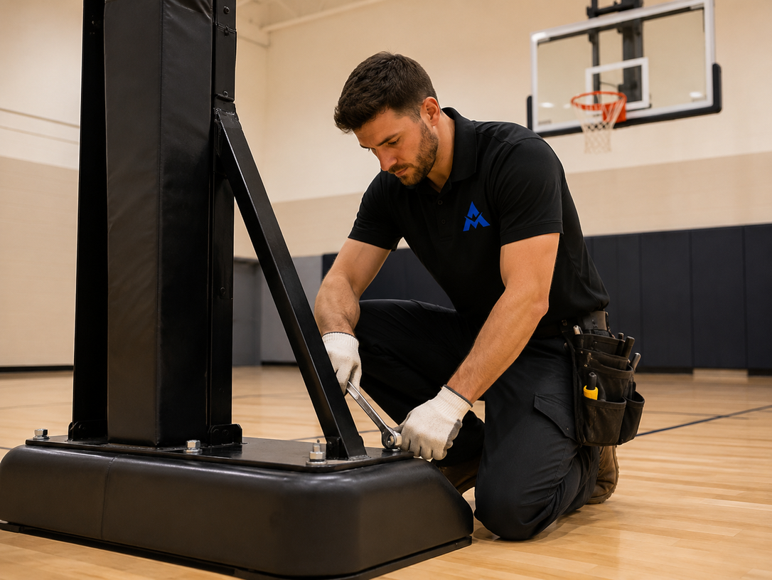 Technician kneeling beside a large black basketball hoop base, tightening bolts in a gym.