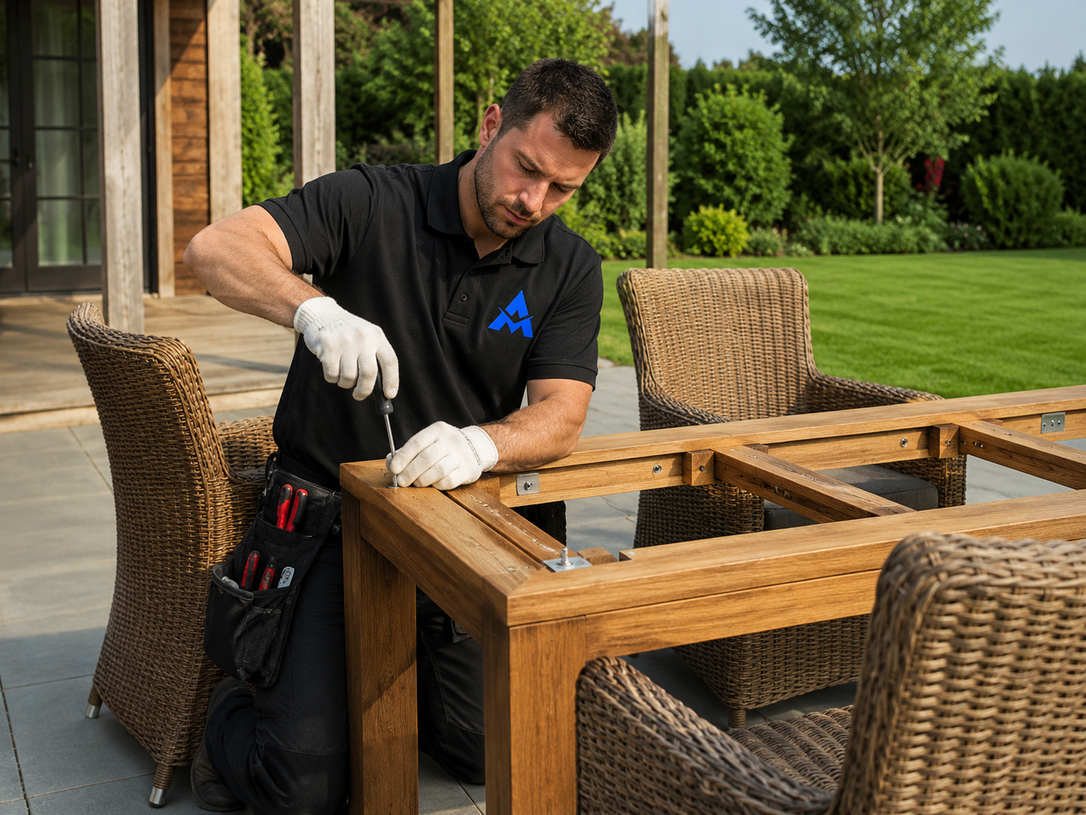 Worker assembling a wooden patio table beside wicker chairs on a sunlit deck