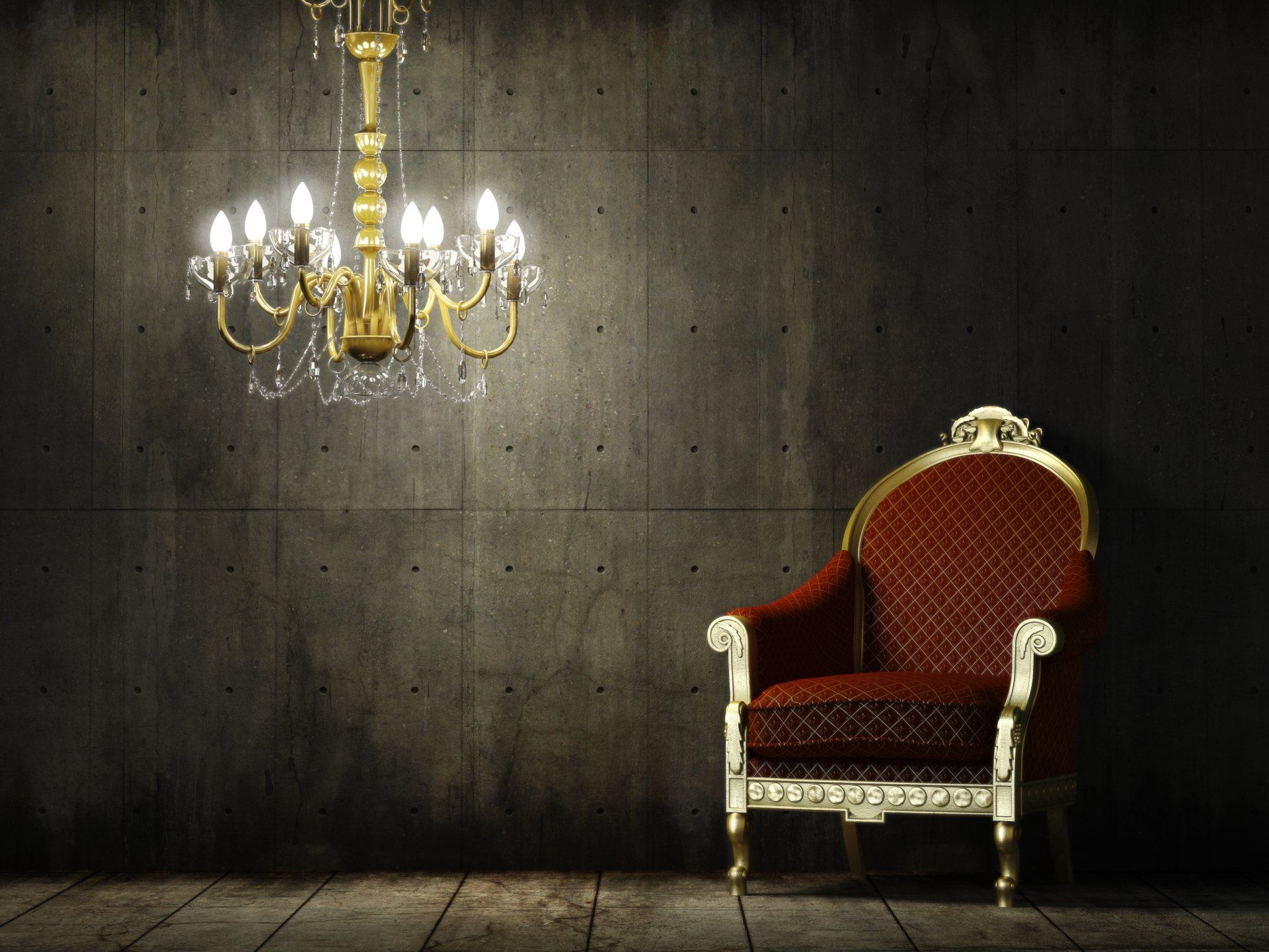 A chair is in a room with a chandelier hanging from the ceiling.