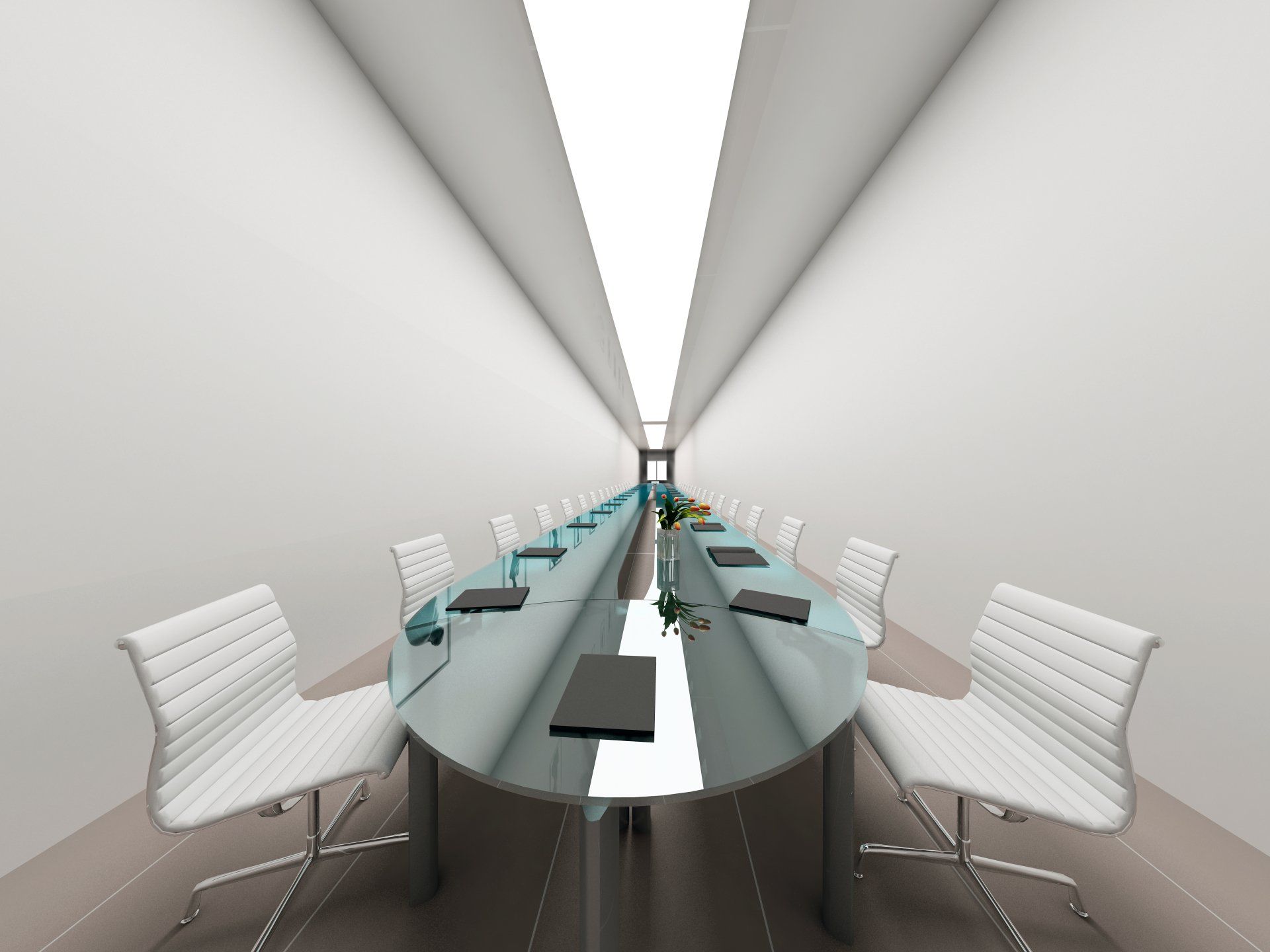 A conference room with a long glass table and white chairs