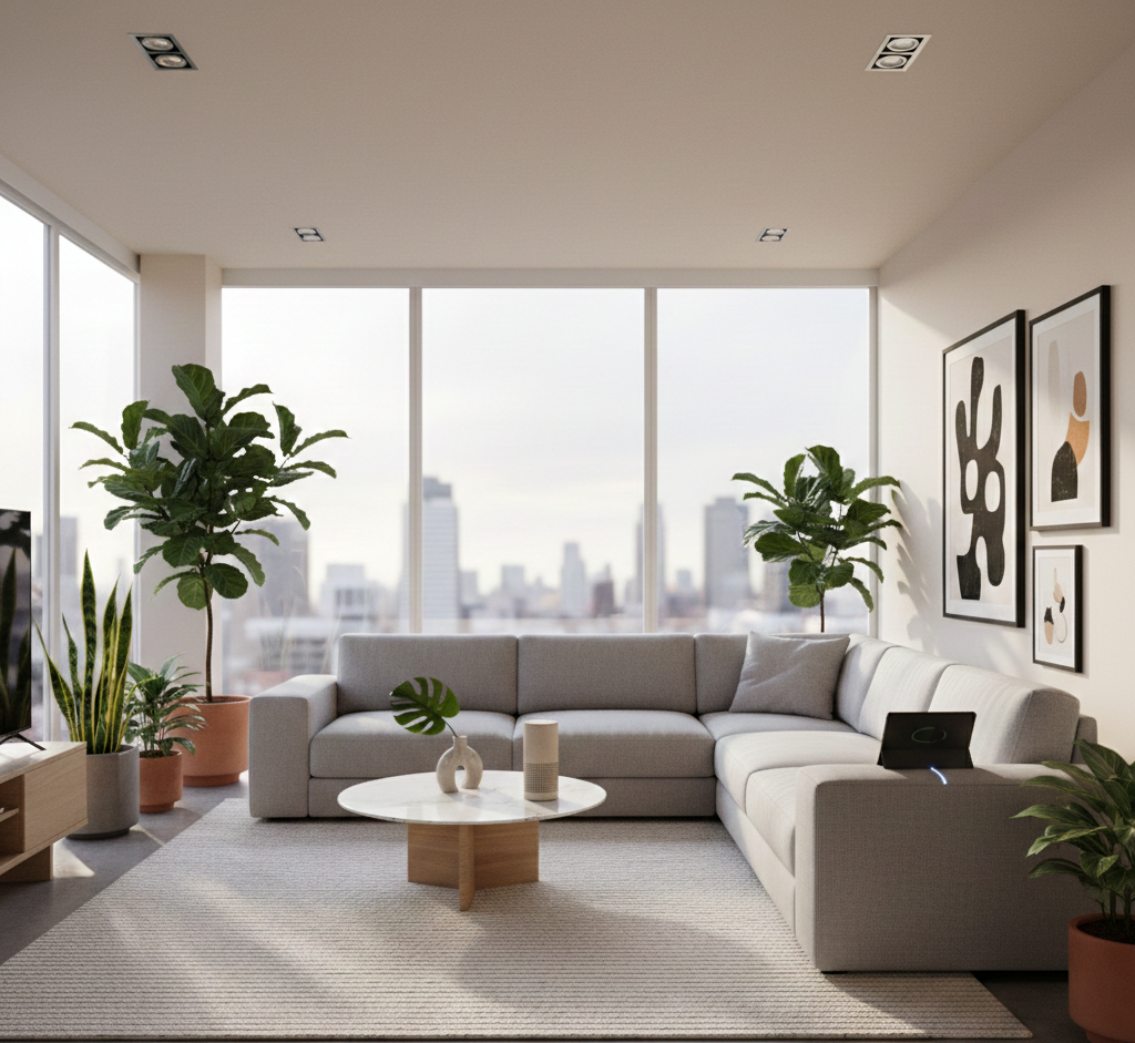 Living room with gray sectional sofa, plants, large windows, city view, rug, and artwork.