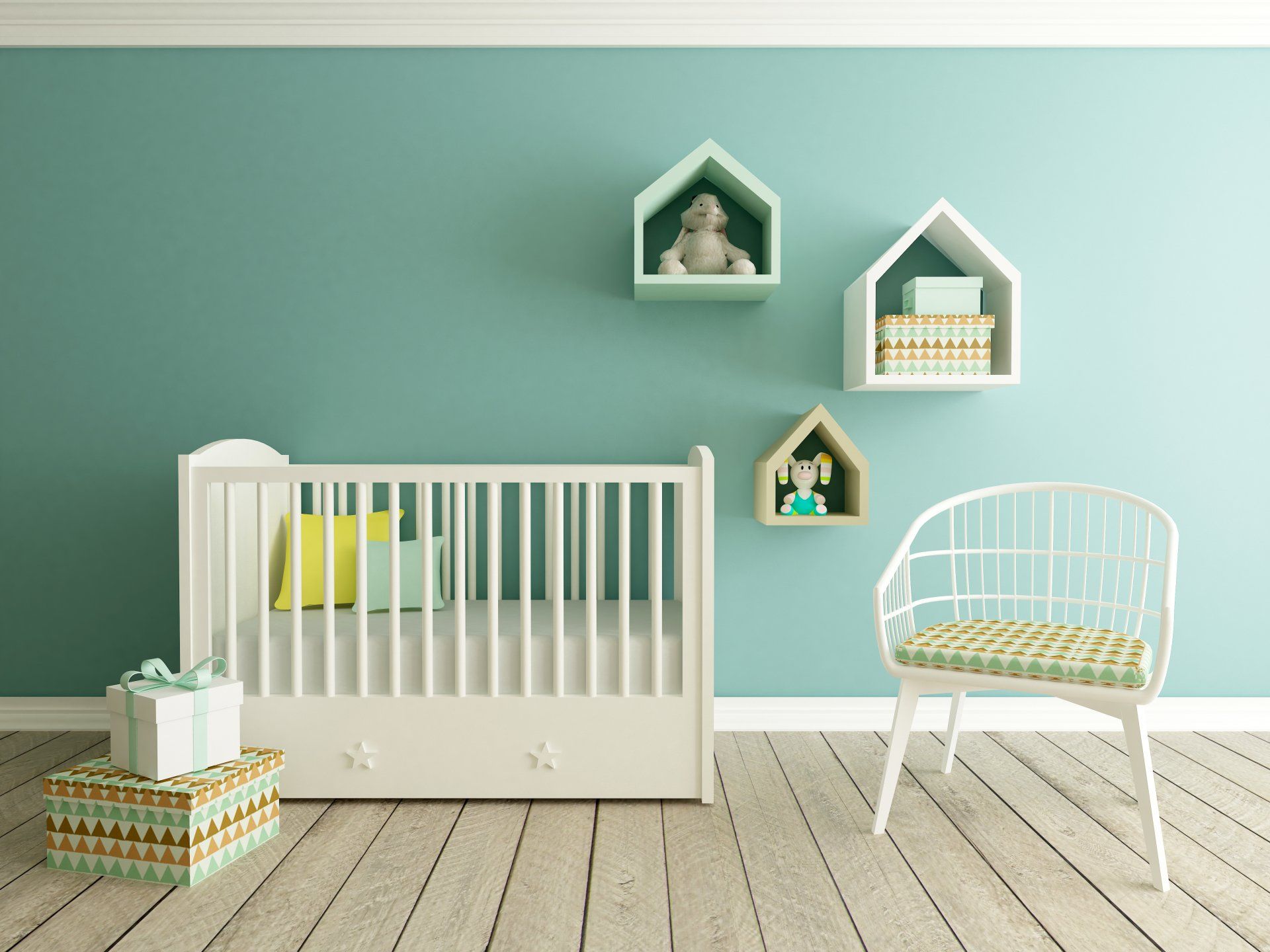 A baby 's room with a crib , chair , and shelves.