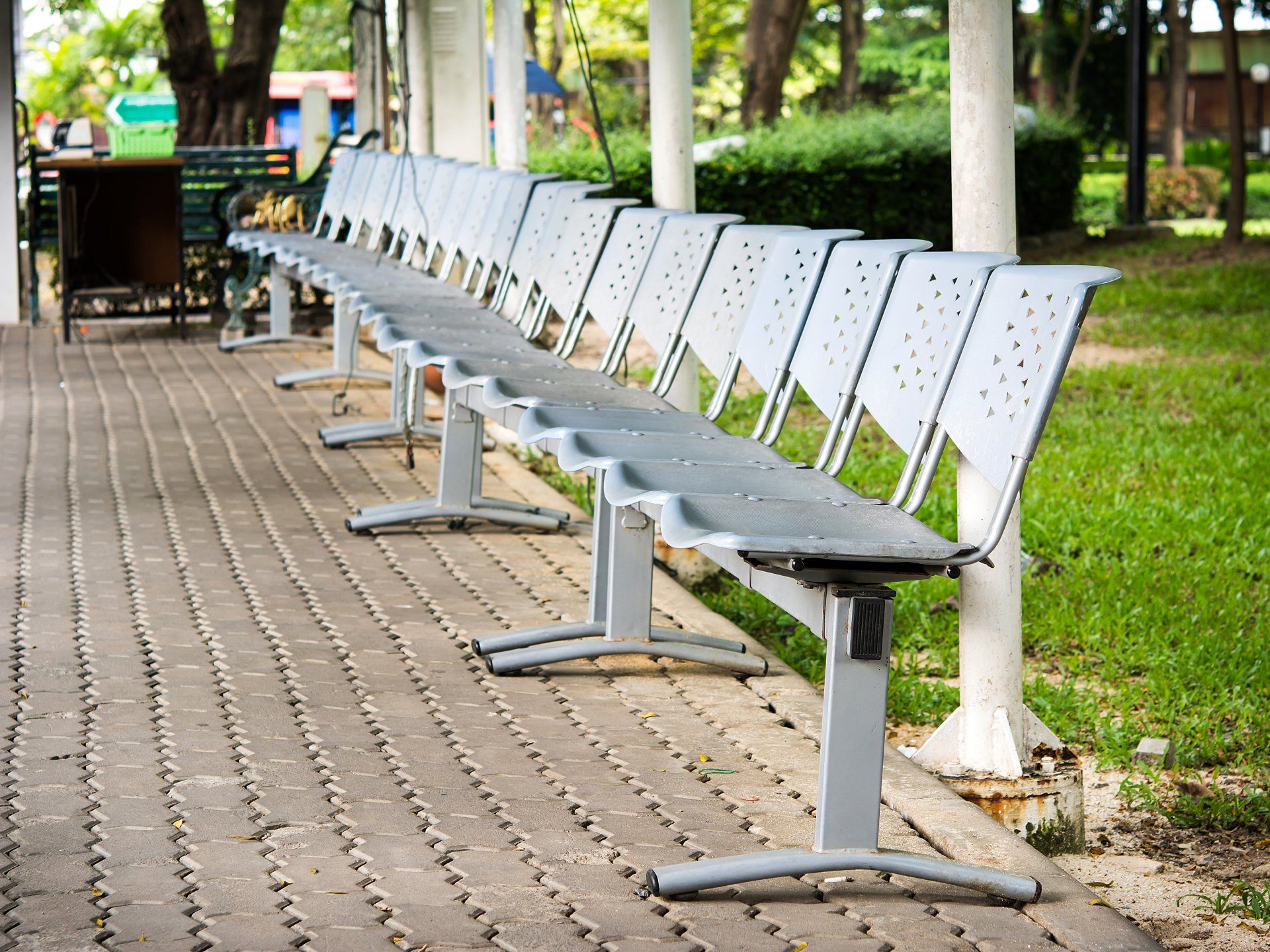 A row of chairs are lined up on a sidewalk in a park.