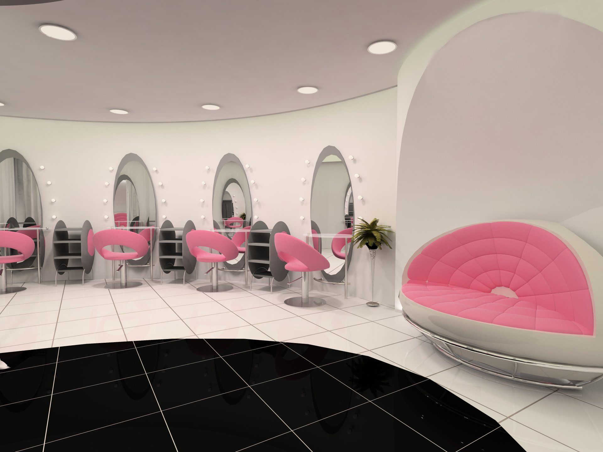 A hair salon with pink chairs and mirrors