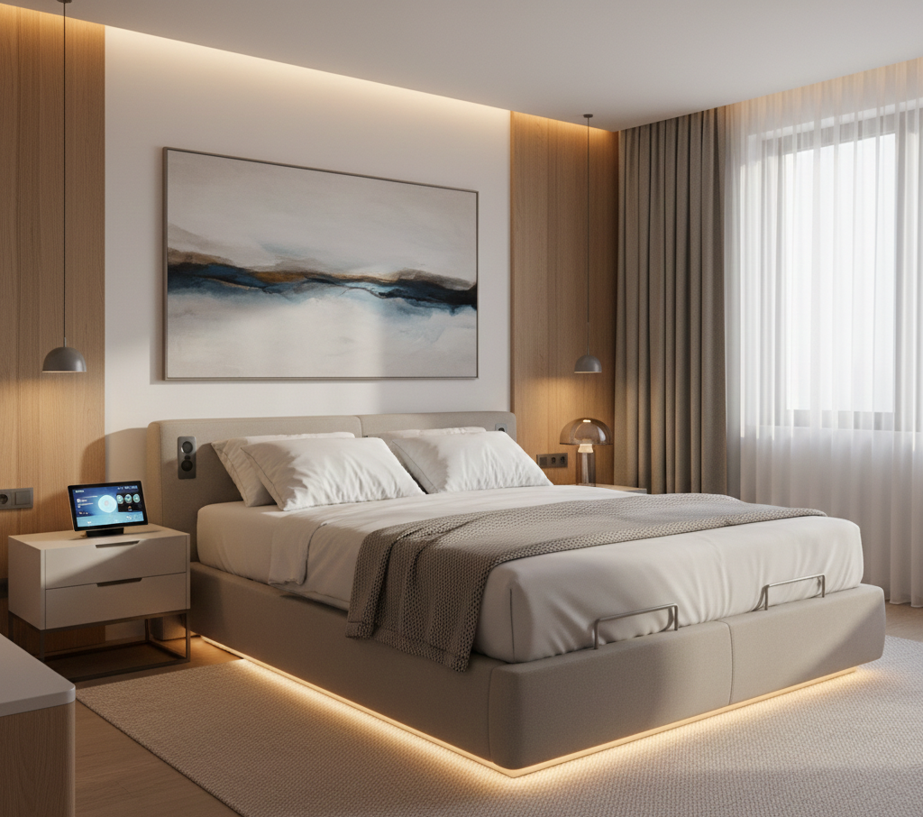 Modern bedroom with a bed, artwork, bedside tables, curtains, and a window.