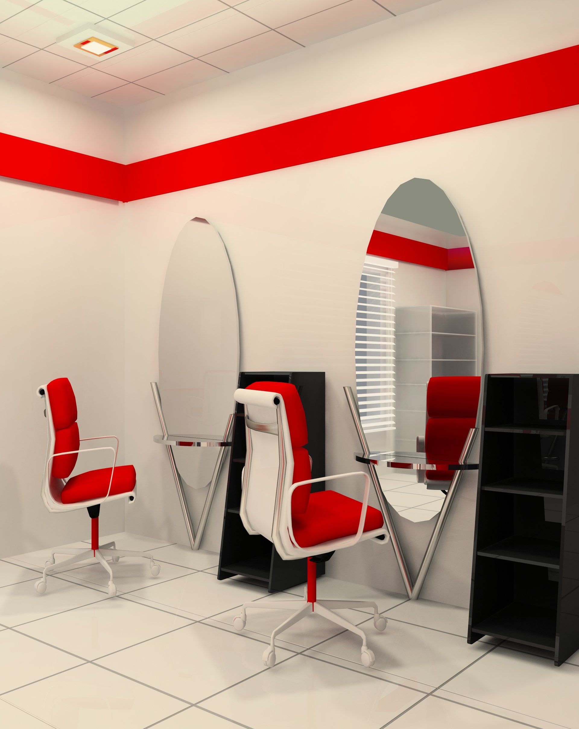 A room with red chairs and mirrors on the wall