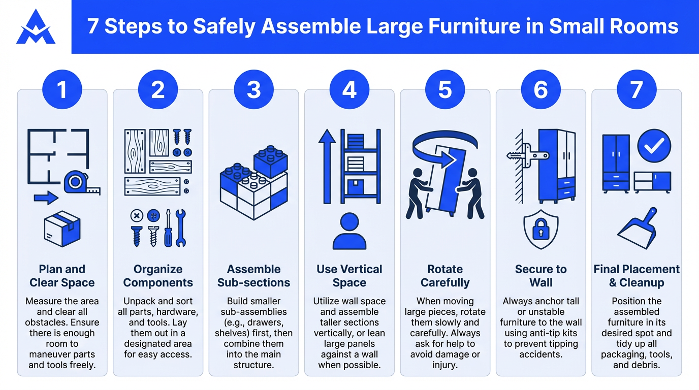 An infographic titled 7 Steps to Safely Assemble Large Furniture in Small Rooms, featuring seven numbered blue icons.
