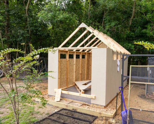 Small unfinished shed with white walls and exposed wooden roof framing in a garden.