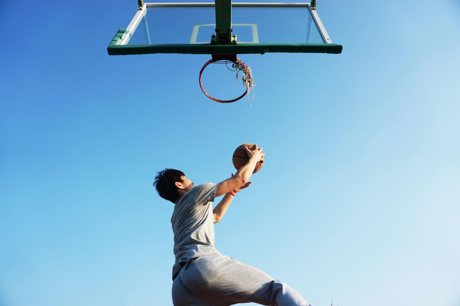 A basketball hoop is lit up at night with trees in the background.