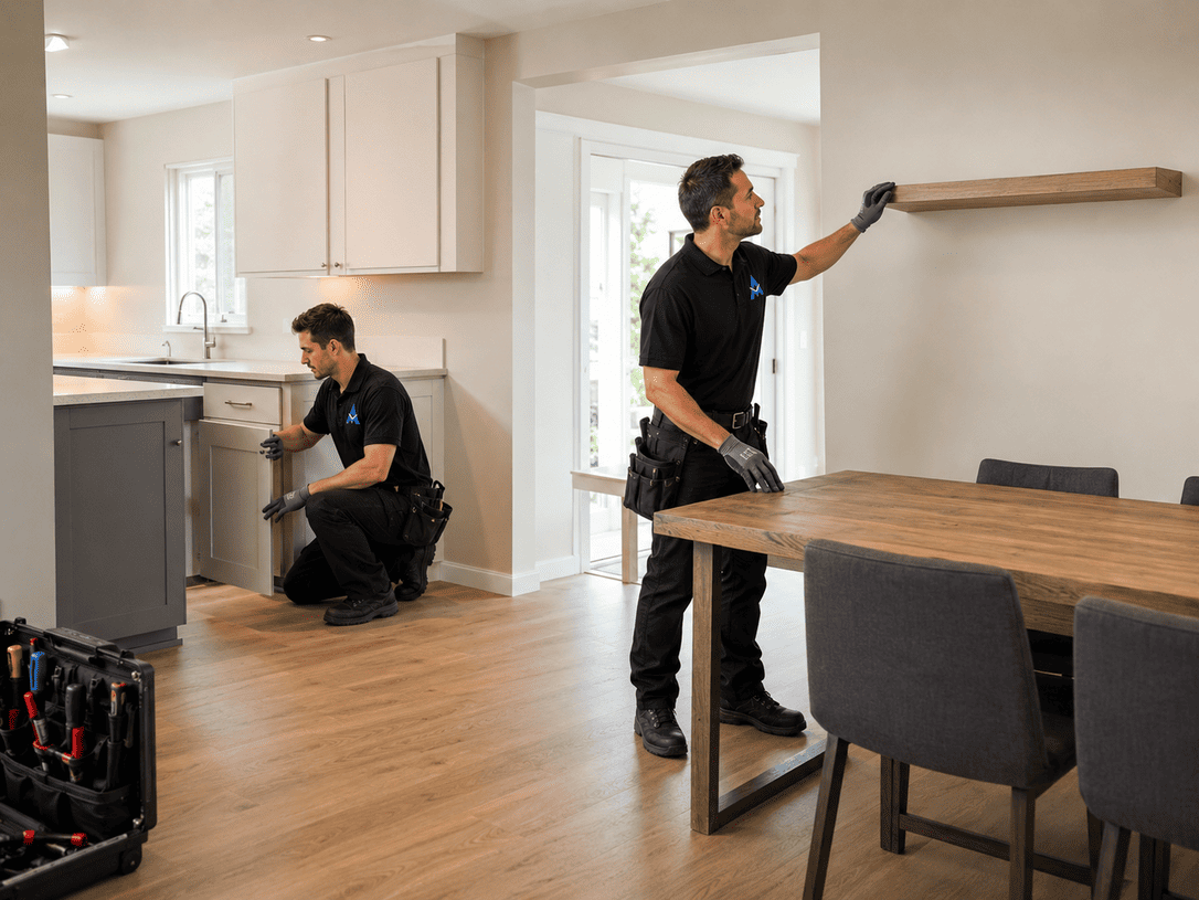Two workers installing shelves in a bright kitchen and dining area