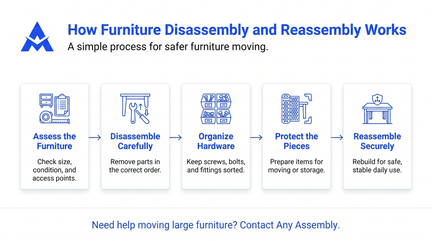 Infographic on furniture disassembly and reassembly with five blue-and-white steps and a “Need help moving?” note