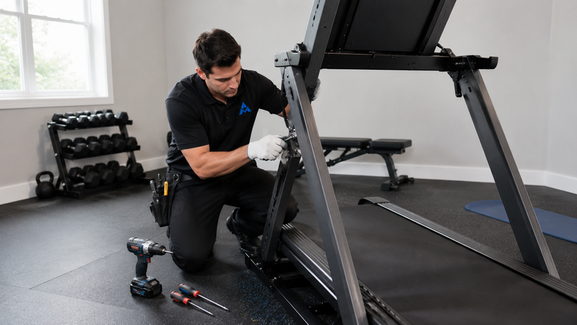 Technician kneels beside a treadmill, inspecting the base with tools in a gym