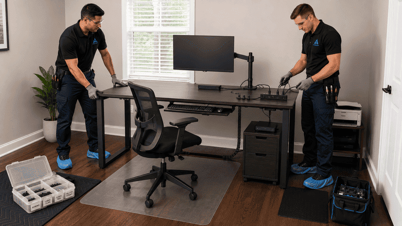 Two men assembling office furniture around a desk and monitor in a home office