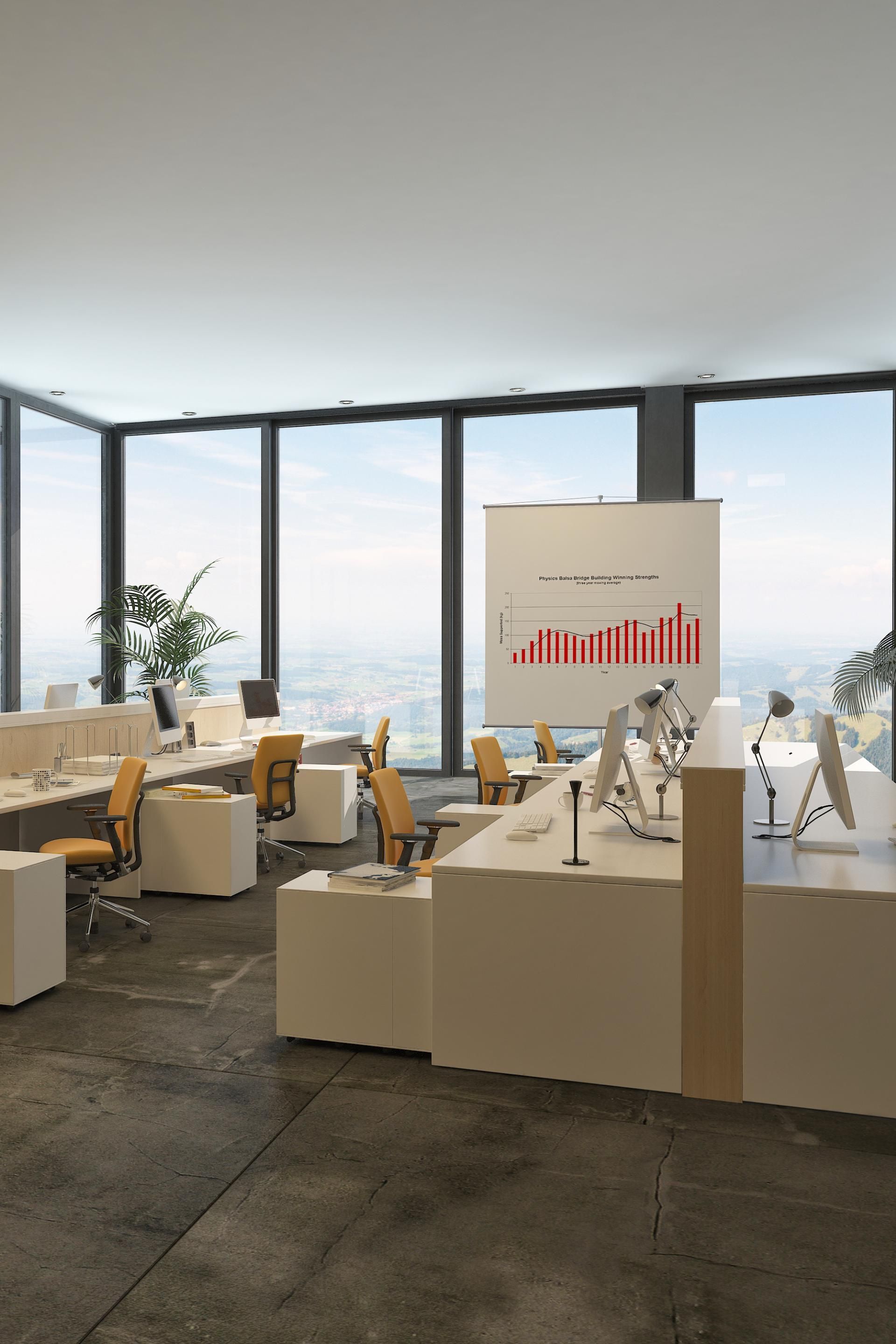 An office with a lot of windows and a chart on the wall