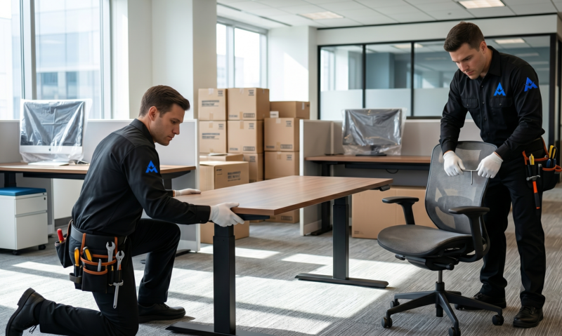 Two workers in black uniforms assemble a wooden table in a bright office space.