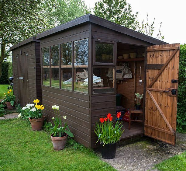Brown garden shed with open door, windows, and potted flowers on a grassy lawn