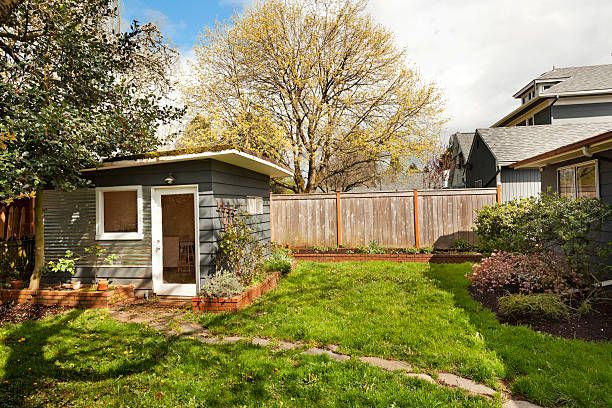Backyard with green lawn, small shed, wooden fence, and tall trees in autumn sunlight