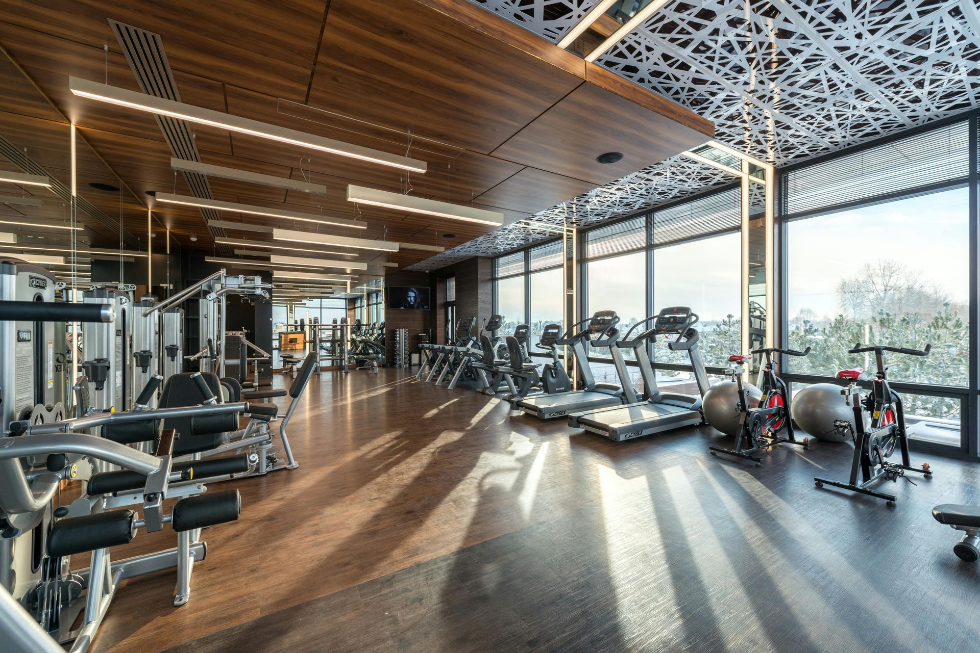 Modern gym interior with exercise machines, treadmills, and sunlight on polished floors