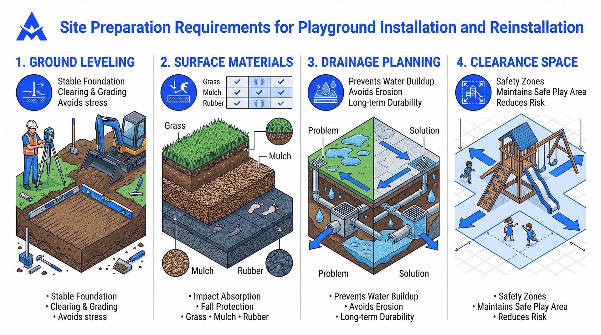 Infographic showing four steps for playground site preparation: ground leveling, surface materials, drainage, and clearance.