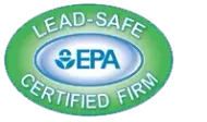 Green EPA “Lead-Safe Certified Firm” oval badge logo with blue center text Green EPA “Lead-Safe Certified Firm” oval badge logo with blue center text