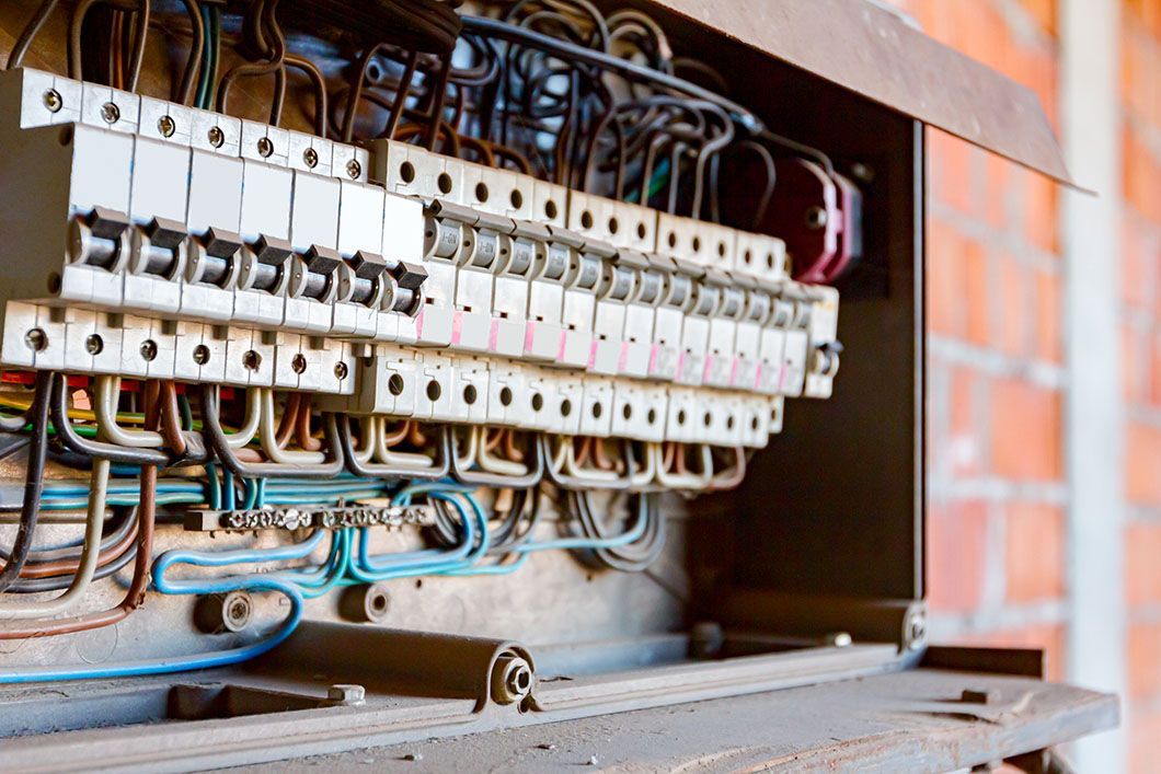 A close up of a electrical box with a lot of wires coming out of it.
