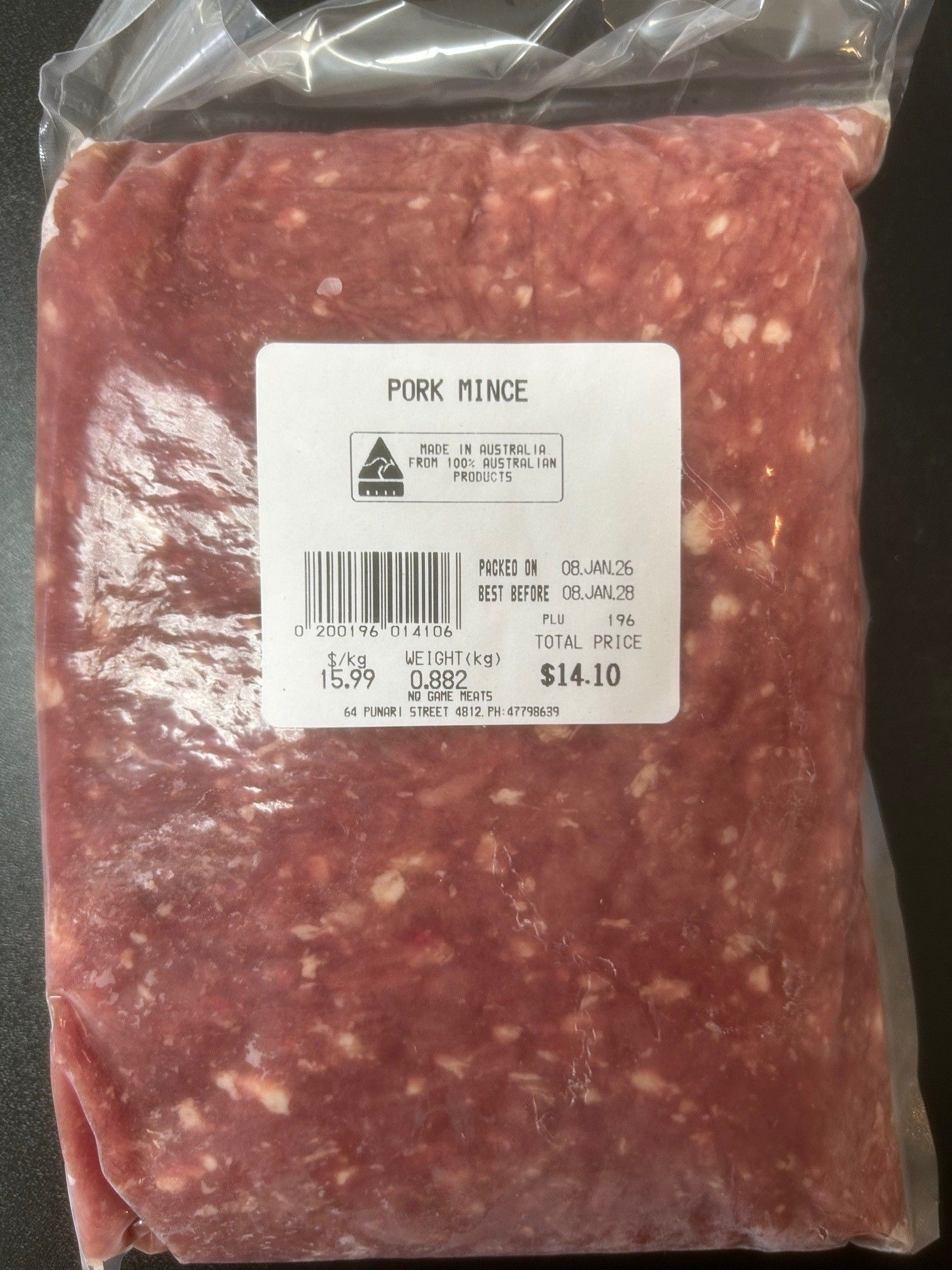 Package of pork mince with a white label, priced at $14.10 — NQ GAME MEAT in Currajong, QLD 