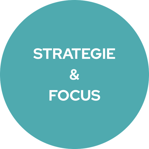 Turquoise cirkel met witte tekst: “STRATEGIE & FOCUS”