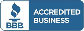 BBB Accredited Business logo. Blue and white, features a torch and text.