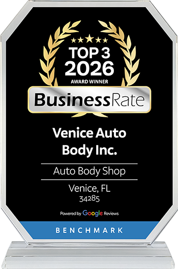 A BusinessRate Top 3 2026 award plaque for Venice Auto Body Inc., an auto body shop in Venice, FL, powered by Google Reviews.