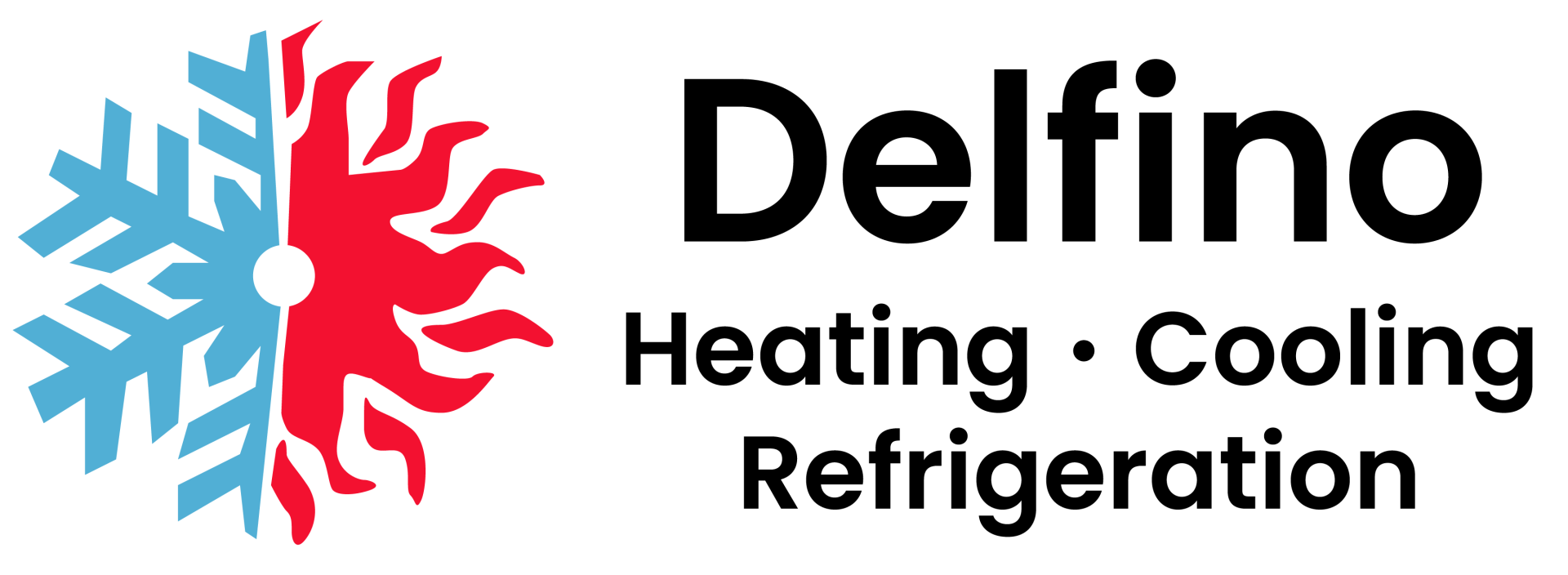 A logo for delfino heating and cooling refrigeration with a snowflake in the middle.