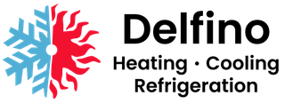 A logo for delfino heating and cooling refrigeration with a snowflake in the middle.
