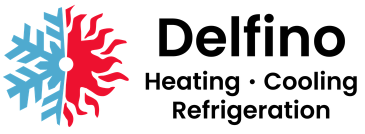 A logo for delfino heating and cooling refrigeration with a snowflake in the middle.