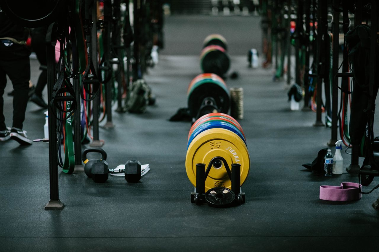 A row of barbells are sitting on the floor of a gym.