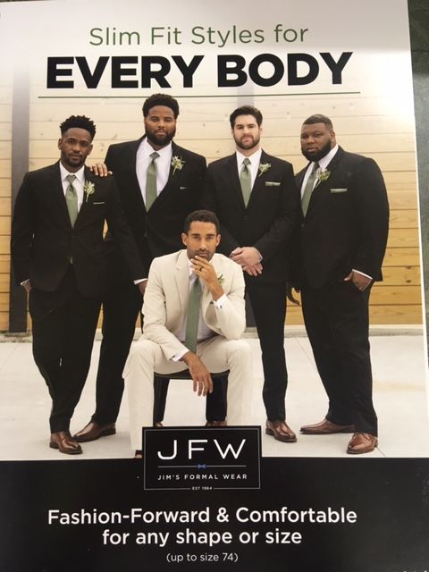 A JFW advertisement features five people in suits standing and sitting against a wood wall, promoting inclusive fit options.