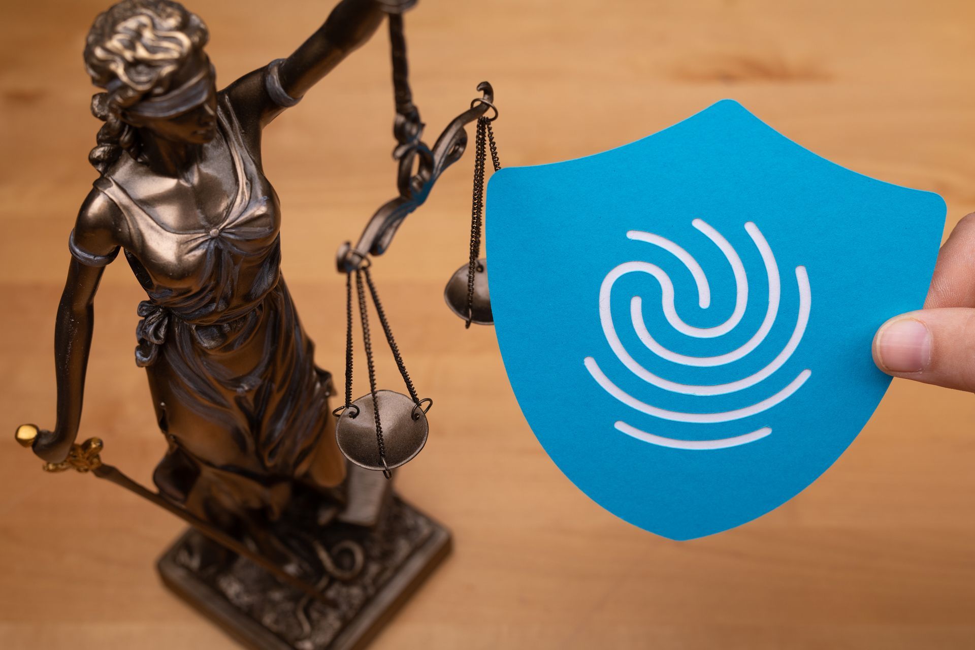 A person is holding a blue shield in front of a statue of justice.